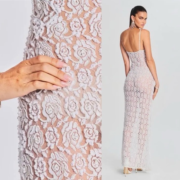 Retrofete Landy Sheer Lace Faux Pearl Adorned Maxi Dress White NEW with tag - Picture 14 of 14